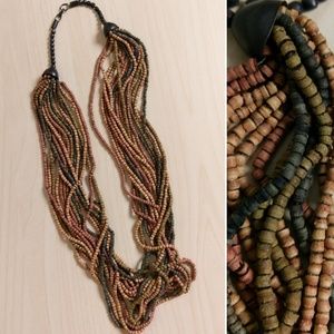 Wood Bead Boho Statement Multi-Strand Necklace